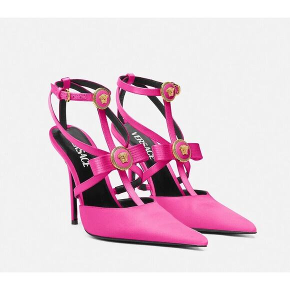 NIB Versace Gianni Ribbon 38.5 US 8.5 Pumps Fuchsia Cage Satin Ankle Strap $1325 - Picture 1 of 16